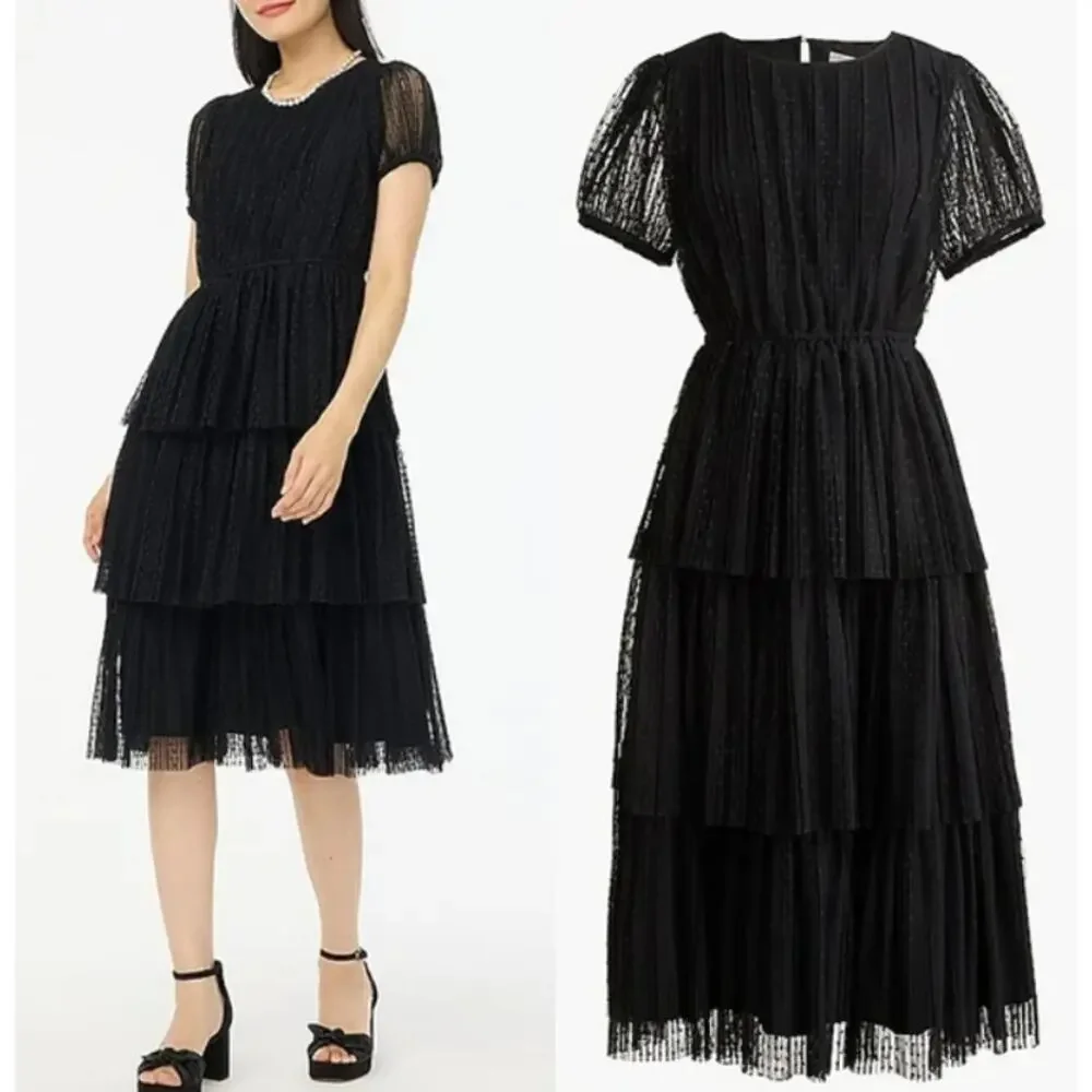 NWT J Crew Pleated Flock-Dot Puff-Sleeve Dress - Picture 1 of 10
